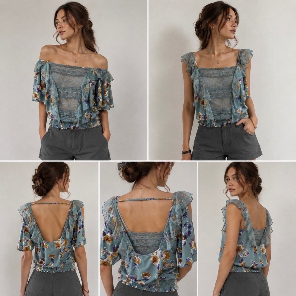 Y2K‎ Floral Sheer Lace Mesh Buckle BKE Top M Smocked Fairycore Cottagecore Boho